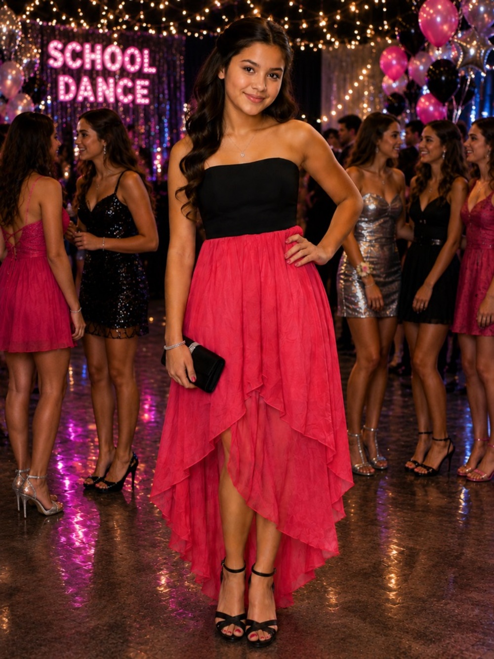 Charlotte Russe Strapless Hi-Low Dress Black & Hot Pink Size Small